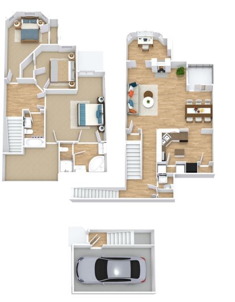 A floor plan of a two-story house with a garage.